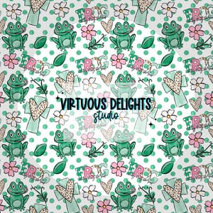 May include: A playful pattern with green frogs, pink flowers, and the word "FROG" in a whimsical font. The design includes hearts, leaves, and polka dots, set against a white background. The text "VIRTUOUS DELIGHTS studio" is also present.