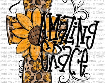 Amazing Grace PNG – Leopard Sunflower Cross, Christian Design (Instant Download)