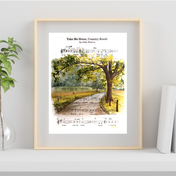 DIGITAL DOWNLOADABLE PRINT-"Take Me Home, Country Roads" John Denver-Sheet music- Watercolor Painting- country music- tree- road- summer.