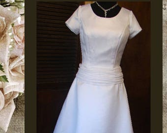 Modest Wedding Gown, LDS Wedding, Mormon Temple Ready White Size 10 Simple Satin Gown with absolutely no bead work or embroidery 1697M