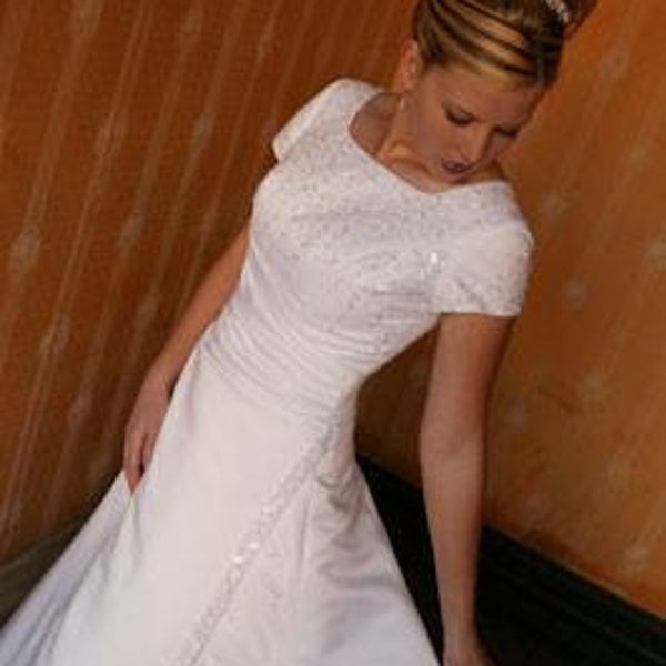 Modest Wedding Dress, White Gown with Sleeves, LDS, Mormon, , Size 8 Wedding Dress, 82738 Tara Satin A-Line Gown, In Stock