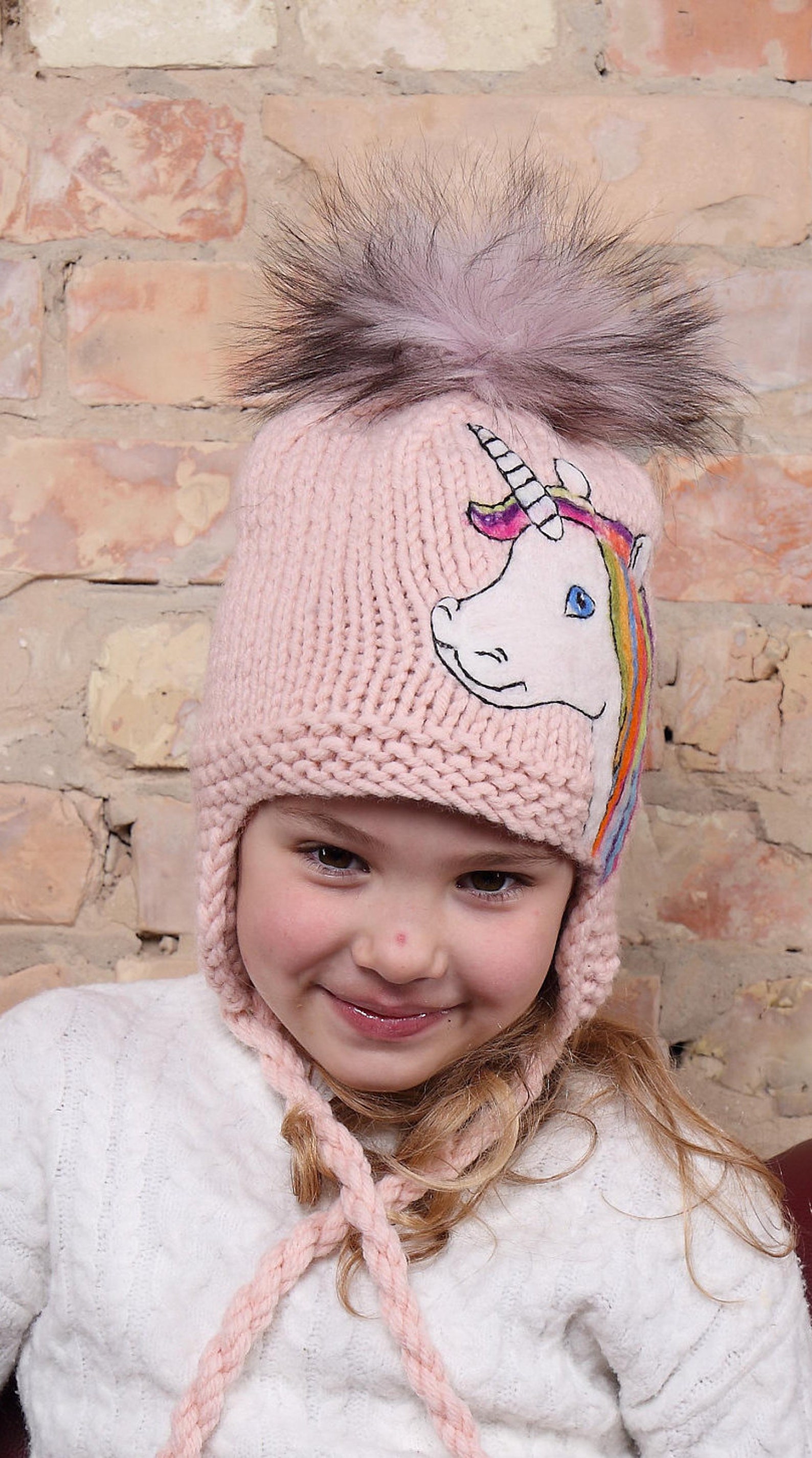 Unicorn hat Knit hat girls Knit hat pink Knit hat pom pom Etsy