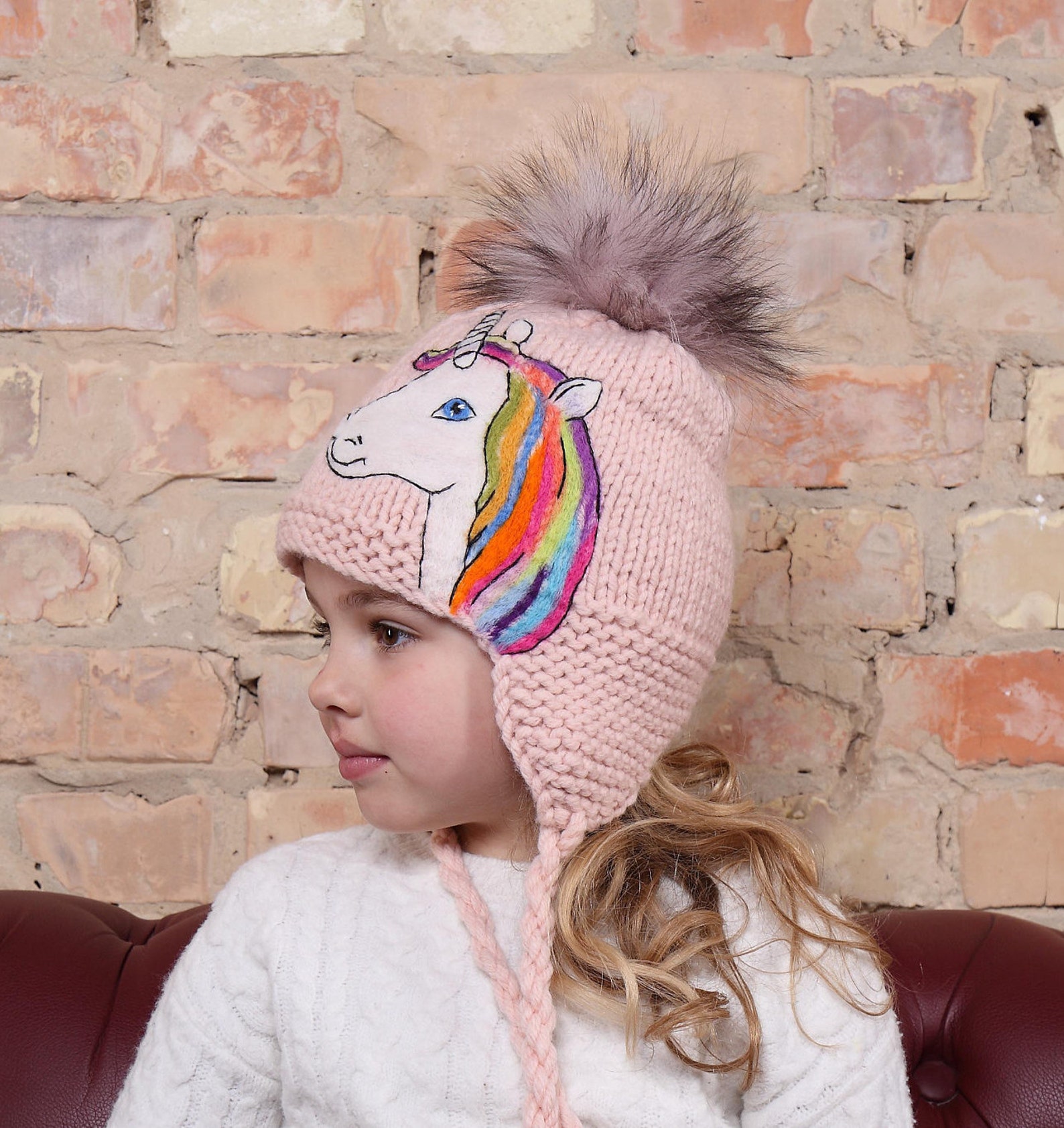 Unicorn hat Knit hat girls Knit hat pink Knit hat pom pom Etsy
