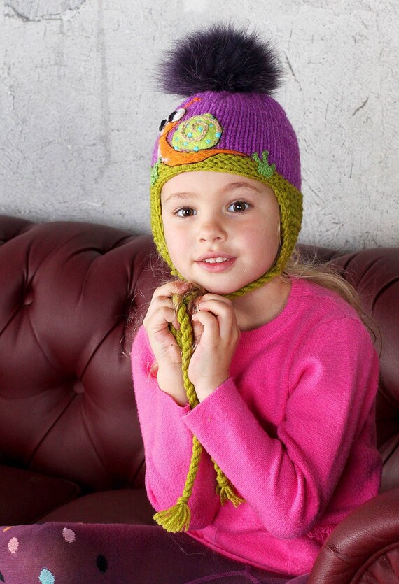 Animal Knitted Hat Earflaps Hat For Girl Fur Pom Pom Hat For Etsy