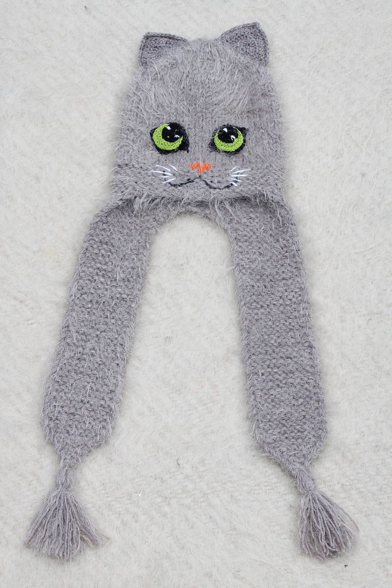 Gray Cat Ears Hat for Girls With Ear Flaps Knit Fuzzy Animal Etsy