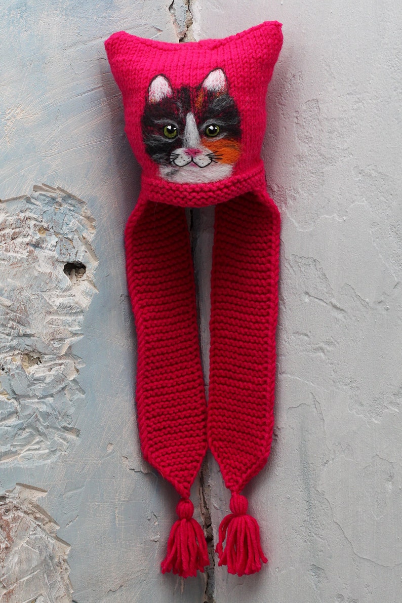 Cat ear hat Earflaps hat for girl Animal hat adult Kids hat Knit animal hat Pink hat toddler Nuno felt hat Wool hat toddler Fleece lined hat