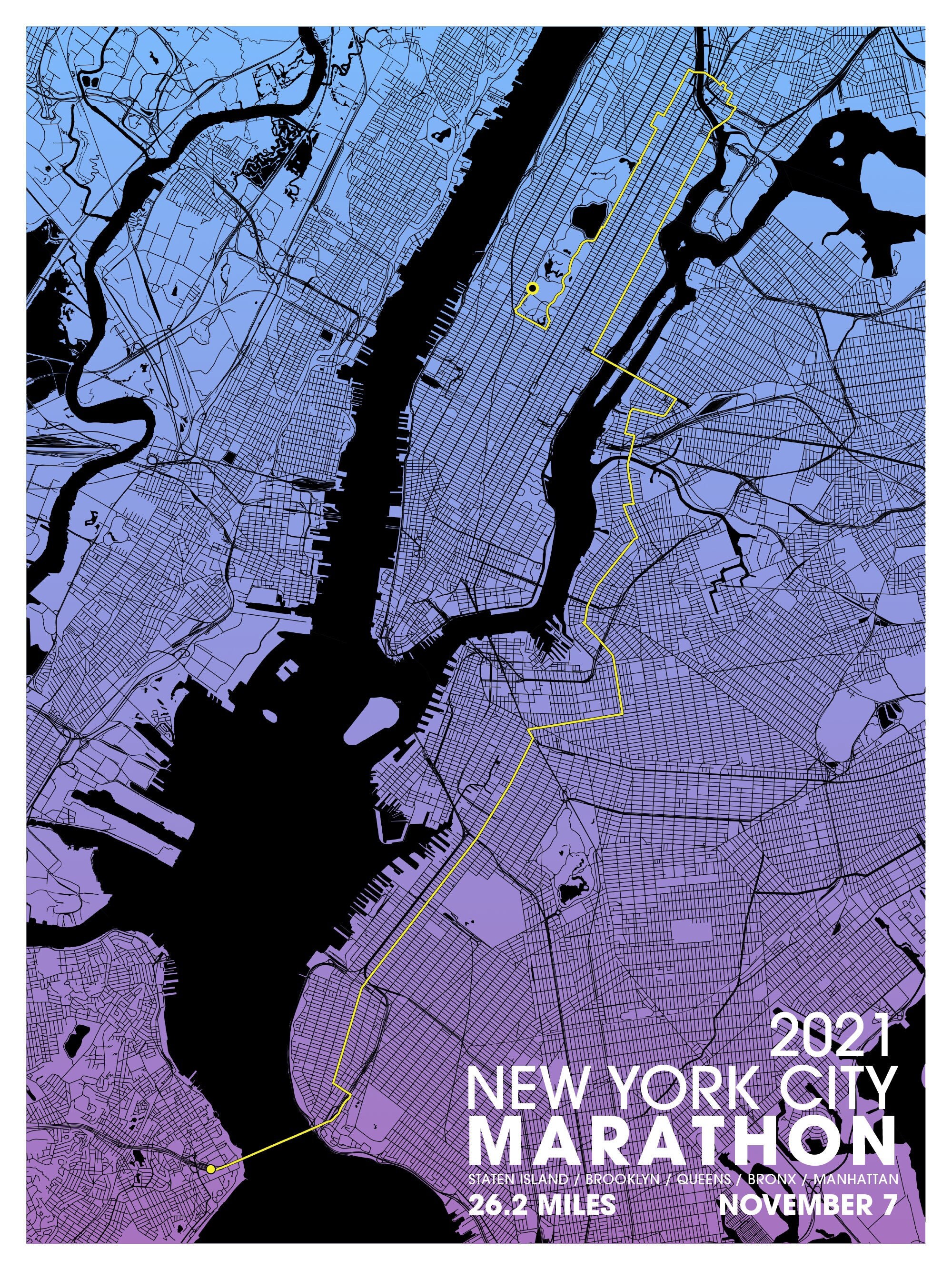 2021 NYC Marathon Map Poster / Unframed Paper Print Etsy UK