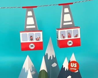 Téléphérique à monter soi-même - Calendrier de l'Avent avec une charmante scène de Noël - 24 gondoles festives et décorations ! - Téléchargement instantané PDF (8,5 x 11 po.)