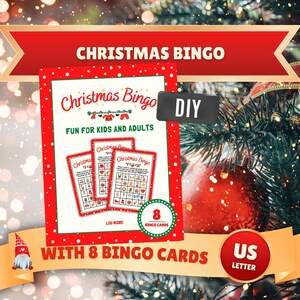 Kerstbingo - Leuk familievakantiespel met 8 unieke kaarten en speelstukken - voor leuk kerstfeest - PDF direct downloaden (formaat 8,5 x 11 inch)