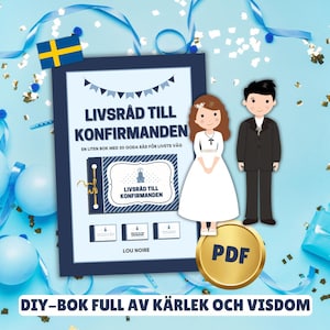 Puede incluir: Un folleto PDF imprimible azul y blanco titulado "Livsrad till konfirmanden" con un icono PDF dorado. El folleto es un libro DIY lleno de amor y sabiduría para una confirmación.