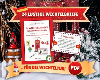 May include: A red and white book with the title "24 Wichtelbriefe für die Wichteltür" and a small gnome illustration. The book is part of a set of 24 letters for a Christmas advent calendar.
