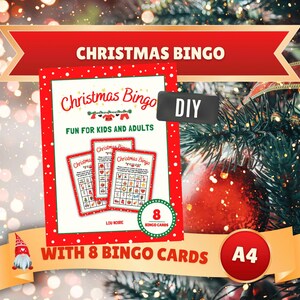 Kerstbingo - leuk familievakantiespel met 8 unieke kaarten en speelstukken - voor leuk kerstfeest - download direct pdf (A4-formaat)
