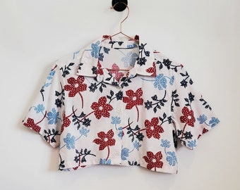 Reworked Vintage 80's Floral Print Oversized Boho Shirt | White and Blue | Size 8-10