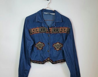 Vintage jaren 90 denim overhemd in westerse stijl | Blauw | Maat L (UK 10-12) - Retro jaren 90 Cowboy Denim blouse met lange mouwen - Country en Western