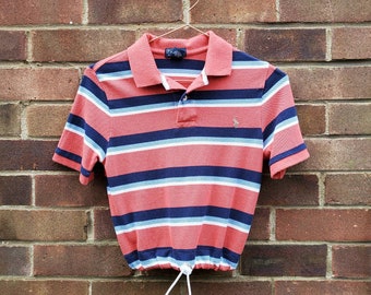 Reworked Ralph Lauren Striped Crop Polo Orange and Blue Aged 11-12 Years Ralph Lauren Polo Top Striped Ralph Lauren Crop Polo Top Crop Top