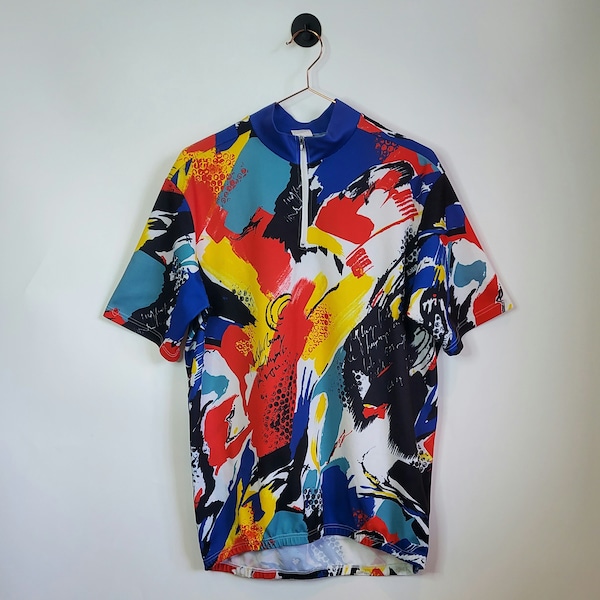 Vintage 90s Funky Pattern Cycling Jersey | Blue Red | Size L - Retro 1990's Abstract Print Festival Top | Vintage Sportswear | 90s Vintage