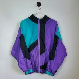 Veste coupe-vent vintage Funky Pattern Festival des années 90 | Bleu Violet | S (14-16 ans Royaume-Uni) - Blouson aviateur rétro des années 90 à imprimé abstrait - Vintage des années 90