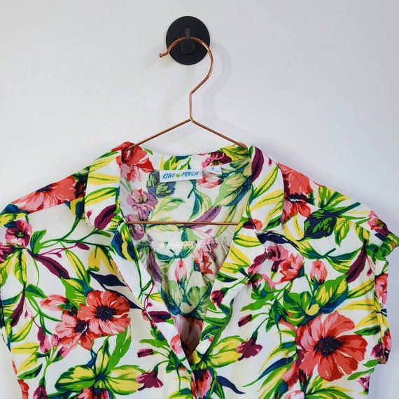 Vintage 90s Floral Cap Sleeve Blouse Yellow Pink … - image 2