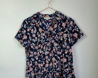 Vintage 90s Floral Paisley Print Shirt Navy - Size 10-12, Vintage Floral Blouse, Paisley Top, Boho Shirt, 90s Clothing, Mom Shirt