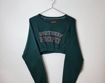 Size XL - Vintage Reworked Crop Jumper- Crop Torist Sweater UK 14-16 Reworked Vintage 90's Love Michigan Crop Sweatshirt- Blue and White
