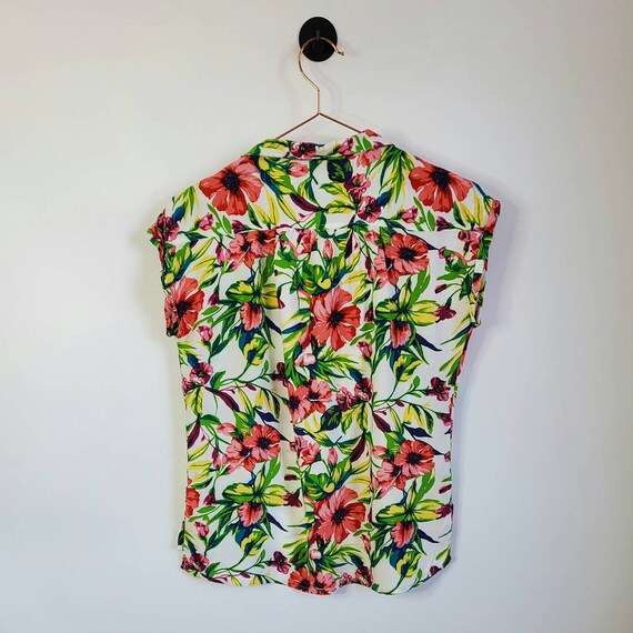 Vintage 90s Floral Cap Sleeve Blouse Yellow Pink … - image 5