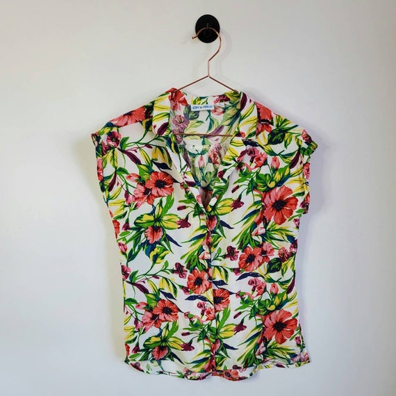 Vintage 90s Floral Cap Sleeve Blouse Yellow Pink … - image 1