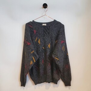 Vintage 80s Funky Abstract Pattern Wool Blend Knitted Retro Jumper | Black Yellow | Size L Large