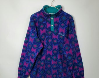 90s Vintage Funky Pattern Fila Fleece Jumper | Purple Pink| Size XL - Retro 1990's Abstract Pattern Festival Fleece | Crazy Pattern Fleece