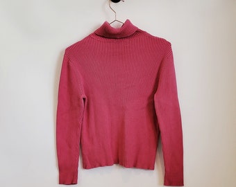 Vintage Y2K Ribbed Ralph Lauren Roll Neck 100% Cotton Jumper | Pink | Size M Petite (UK 10-12)