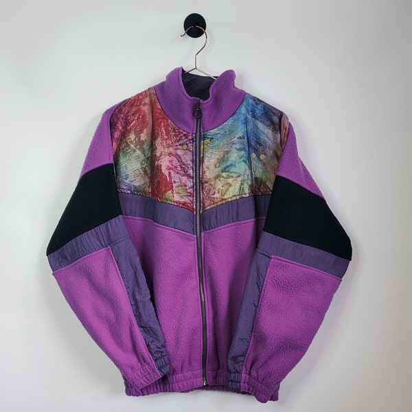 90s Vintage Funky Pattern Fleece Jacket | Purple Pink| Size M (16-18) - Retro 1990's Abstract Pattern Festival Fleece | Crazy Pattern Fleece