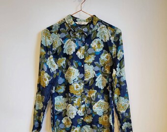 Retro Y2K/00's Floral Blouse Blue Green - Size 6-8, Y2K Clothing, Floral Shirt, Boho Top, Western Shirt, Cowgirl Shirt, Rose Shirt