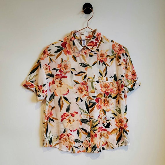 Y2K Floral Print Blouse Cream Orange - Size 12-14,