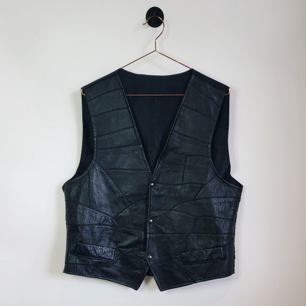 Vintage 80s Leather Front Men's/Women's Waistcoat | Black | Size M (UK 16) - Retro 1980's Patterned Leather Vest - 80's Vintage Waistcoat