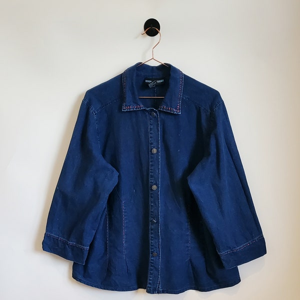 Vintage 90s Denim Shirt | Size 18 - Vintage 1990's Red Stitched Detail Denim Blouse - Retro 90s Denim Boho Western Shirt