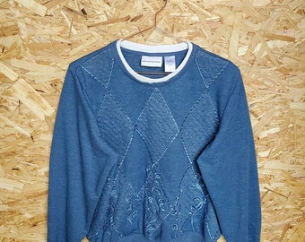 90's Alfred Dunner Vintage Diamond Patchwork Embroidered Blue Sweatshirt Size 10-12 Vintage Blue Jumper 90's Alfred Dunner Sweater 80's 90's