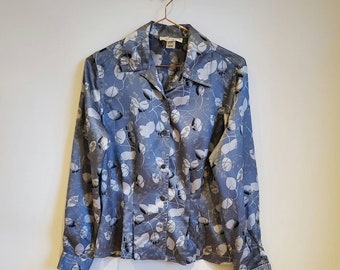 Vintage 80s Satin Floral Shirt Blue White - Size 6, 80s Clothing, Floral Blouse, Boho Shirt, Satin Blouse, Boho Top, 80s Vintage Shirt