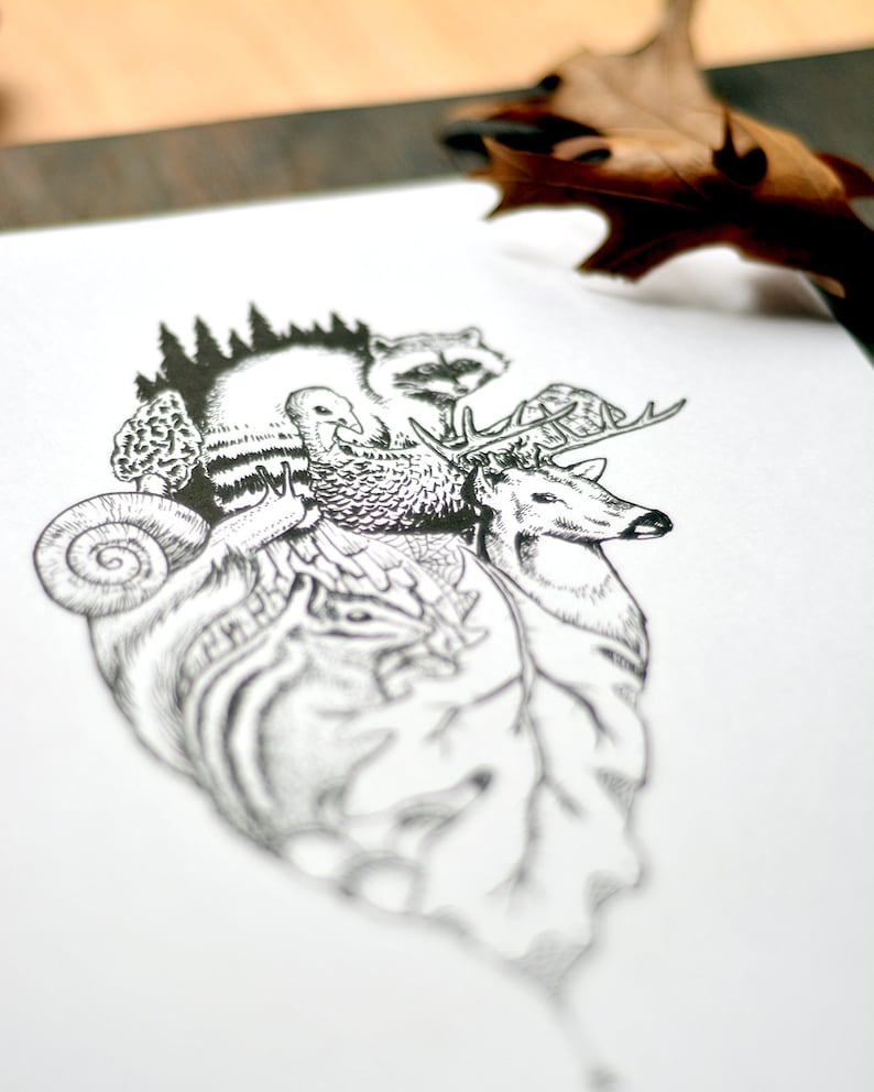 Woodland Heart illustration anatomical heart drawing hiking camping nature animal