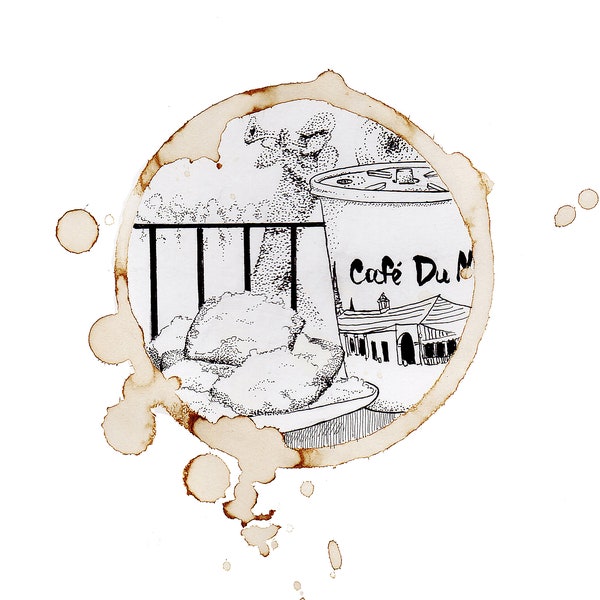 Cafe Du Monde, New Orleans, art print, coffee stain, pen and ink artwork, home decor