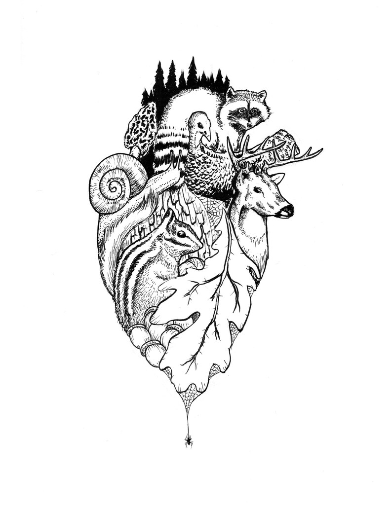 Woodland Heart illustration anatomical heart drawing hiking camping nature animal