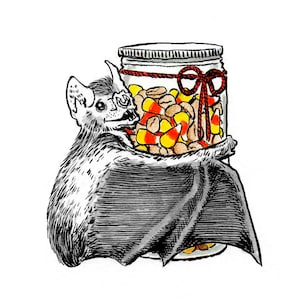 May include: A black and gray bat holding a glass jar filled with candy corn and peanuts. The jar has a red ribbon tied around it.