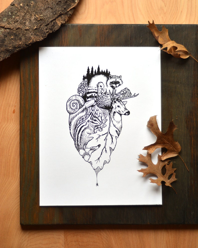 Woodland Heart illustration anatomical heart drawing hiking camping nature animal