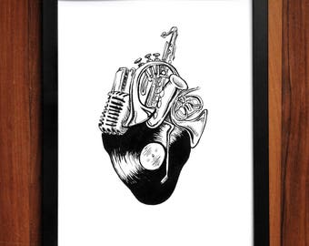 Music Heart Art Print, artwork, pen and ink, home decor