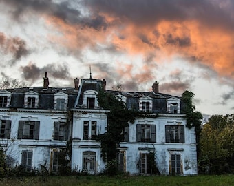 French architecture print, Abandoned castle photograph with sunset, urban decay photograph