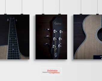 set of 3 Guitar prints, music print , guitar player gift , gift for musician, music fine art, music wall decor