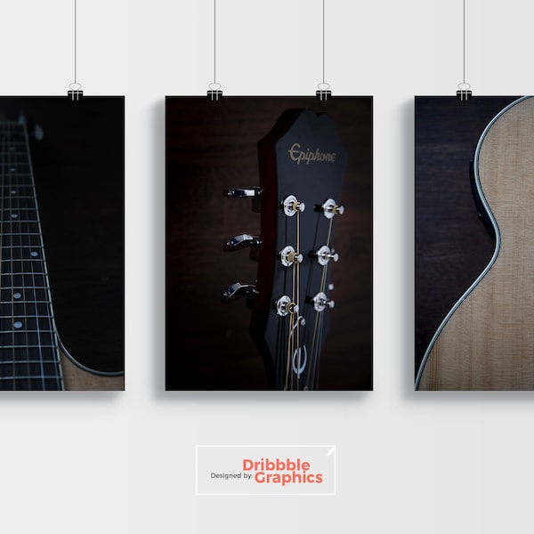 Lot de 3 photos de guitare, deco musicale, guitare acoustique