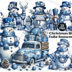 Christmas Blue Toile Snowman Clipart PNG Bundle, Chinoiserie Holiday Reindeer, Xmas Christmas Tree Fetive Winter Clip Art, Digital Download