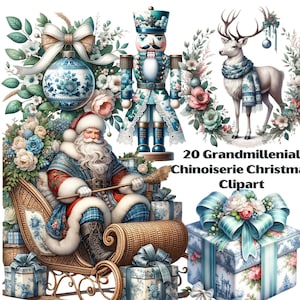 Chinoiserie Weihnachten Clipart, Granmillenial Blau Toile Weihnachten PNG, Oma Chic Preppy Aquarell PNG, Instant Download, kommerzielle Nutzung