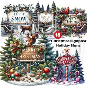 Kerst wegwijzer vakantie tekenen clipart bundel, aquarel winter png, vrolijk kerstfeest, kerstvakantie png, feestelijke bewegwijzering, digitale download