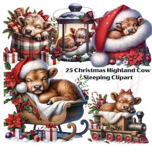 Weihnachten Highland Kuh Clipart Bundle, süße schlafende Baby Kuh PNG, Aquarell Festliche Urlaub Bauernhof Tier PNG, Santa PNG, digitaler Download,
