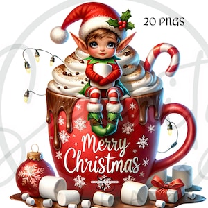 Aquarel warme cacao elf clipart, kerstelf png bundel, feestelijke fantasie schattige elf warme chocolademelk 20 png, instant download, commercieel gebruik